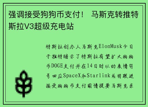 强调接受狗狗币支付！ 马斯克转推特斯拉V3超级充电站